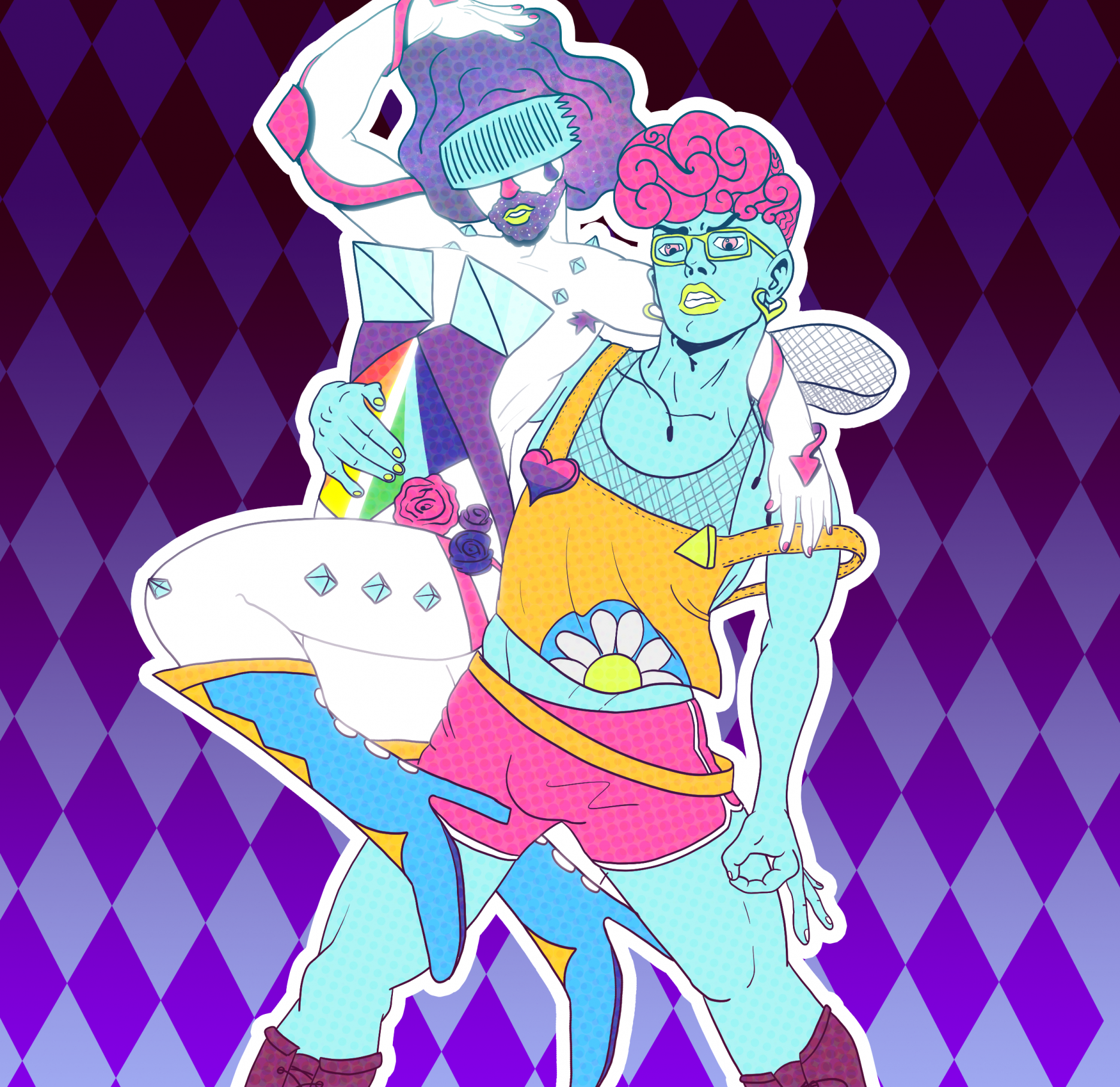 Una versión estilizada de mí posa dramáticamente a lo JoJo's Bizarre Adventure con un espíritu con tetas de prisma y barba y arcoíris y botas de tacón.